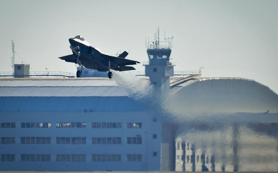 A Royal Netherlands Air Force F-35A Lightning II lifts off from Eglin Air Force Base, Fla., for its first flight Dec. 18, 2013. The joint strike fighter is slated to make its international debut at the Leeuwarden Air Show in the Netherlands in June.