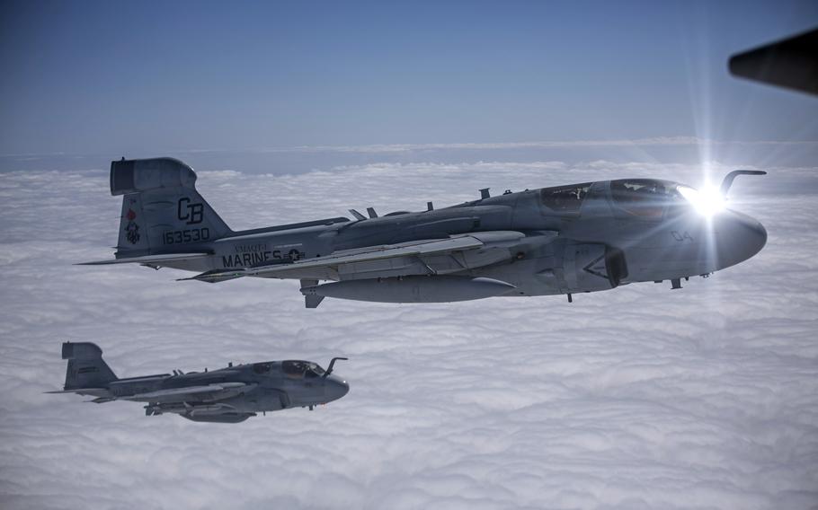 EA-6B Prowlers assigned to 2nd Marine Aircraft Wing during a formation flight near Cherry Point, N.C., March. 1, 2016. A squadron of Prowlers from Marine Corps Tactical Electronic Warfare Squadron 4 have deployed to Incirlik Air Base, Turkey, U.S. European Command announced Thursday.