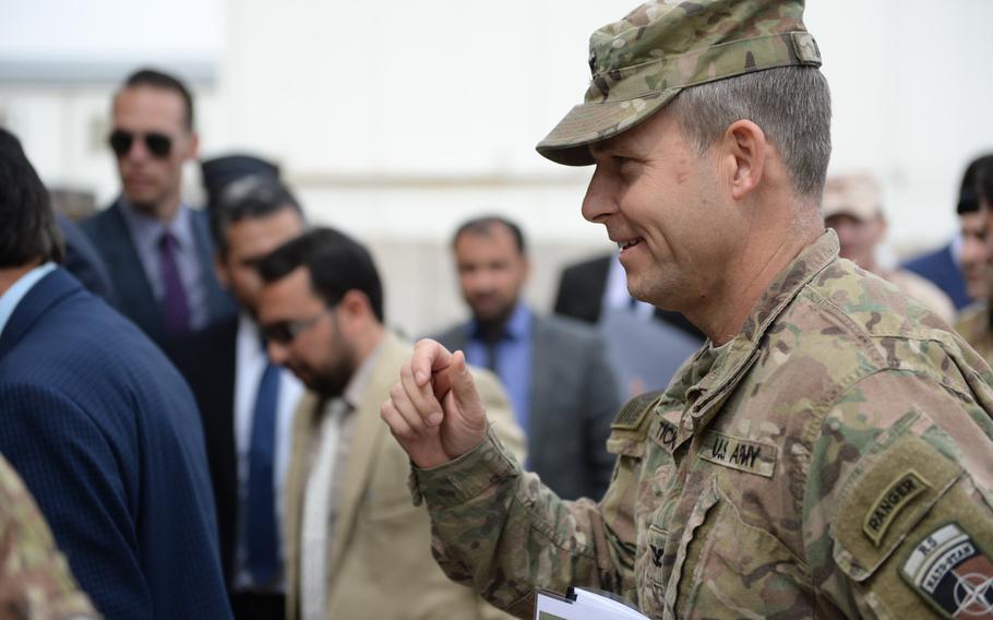 U.S. Army Col. Thomas J. Tickner, a director with Combined Security Transition Command-Afghanistan, arrives at the first official meeting of the Afghanistan Airfield Economic Development Commission's Herat chapter at Camp Arena on April 7, 2016.