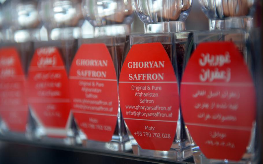 Saffron in the window of a gift shop at Heart International Airport, April 7, 2016. Saffron is a major Herat export, and officials with the Afghanistan Airfield Economic Development Commission hope it will be able to generate more revenue once Herat Airfield is handed over to the Afghans.