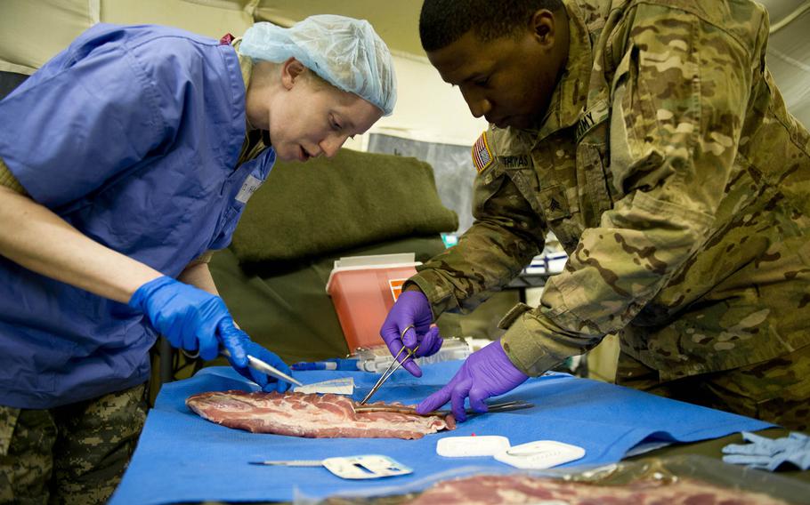 Maj. Emily Hathaway, left, gives Sgt. Treall Thomas instructions on inserting a chest tube in Miesau, Germany, on Wednesday, April 20, 2016. Hathaway and Thomas are from the 212th Combat Support Hospital.