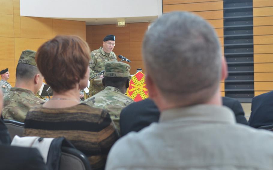 Col. Todd E. Fish gives some brief remarks after taking command of U.S. Army Garrison Wiesbaden during a ceremony Friday afternoon at Clay Kaserne.