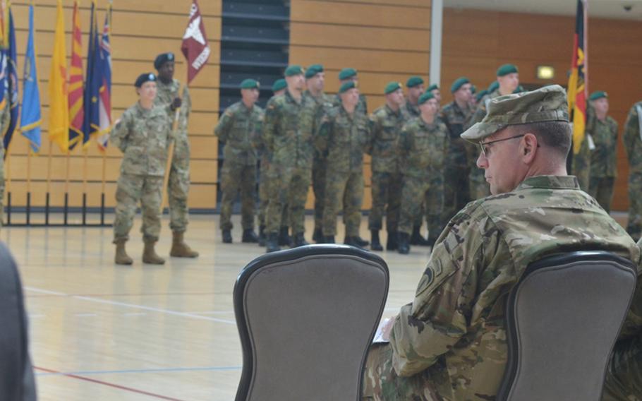 Lt. Gen. Ben Hodges, commander of U.S. Army Europe, looks on during a change of command ceremony at Clay Kaserne in Wiesbaden, Germany, April 22, 2016. During the ceremony, Col. Mary L. Martin passed command of the Wiesbaden garrison - home to Hodges' command - to Col. Todd E. Fish.