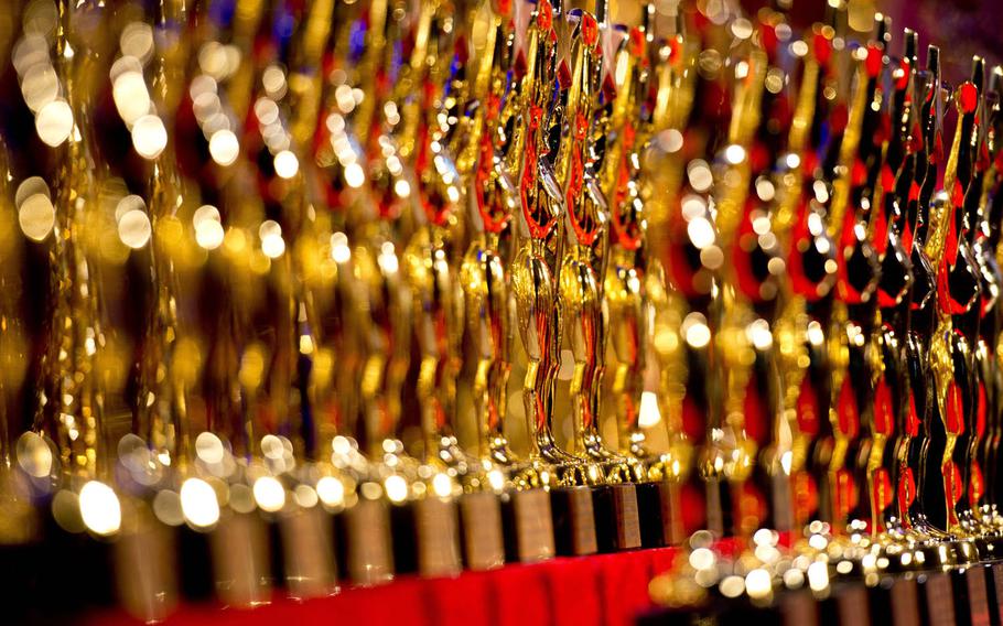 Trophies sit on display at the annual U.S. Army Tournament of Plays awards show in Kaiserslautern, Germany, on Saturday, April 23, 2016.
                