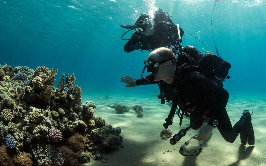 U.S. Navy Capt. Kyle Moses, left, and Master Chief Petty Officer Chris Borkenheim conduct pier inspections during International Mine Countermeasures Exercise 16. The monthlong exercise wrapped up Tuesday, April 26, 2016.