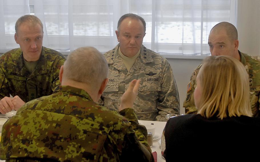 Gen. Philip Breedlove, the top U.S. officer in Europe, talks on Wednesday, Nov. 25, 2015, with Estonian military leaders and U.S. troops, who are in the country on a mission aimed at reassuring allies in the Baltics. The effort is part of a campaign to train allies and send a deterrent signal to Russia, whose aggressive moves in Ukraine have unnerved NATO allies in the east.
