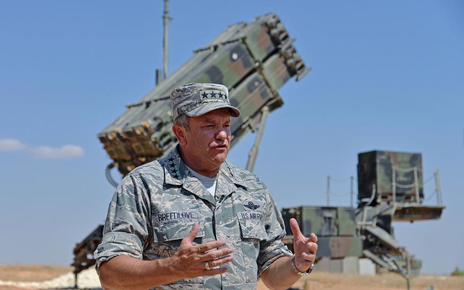 Supreme Allied Commander Europe and commander U.S. European Command Air Force Gen. Philip Breedlove talks to the media after visiting a Patriot missile battery of the 5th Battalion, 7th Air Defense Artillery Regiment in Gaziantep, Turkey, Thursday, July 31, 2014. Breedlove will soon turn over the EUCOM and NATO reins to U.S. Army Gen. Curtis M. Scaparrotti.