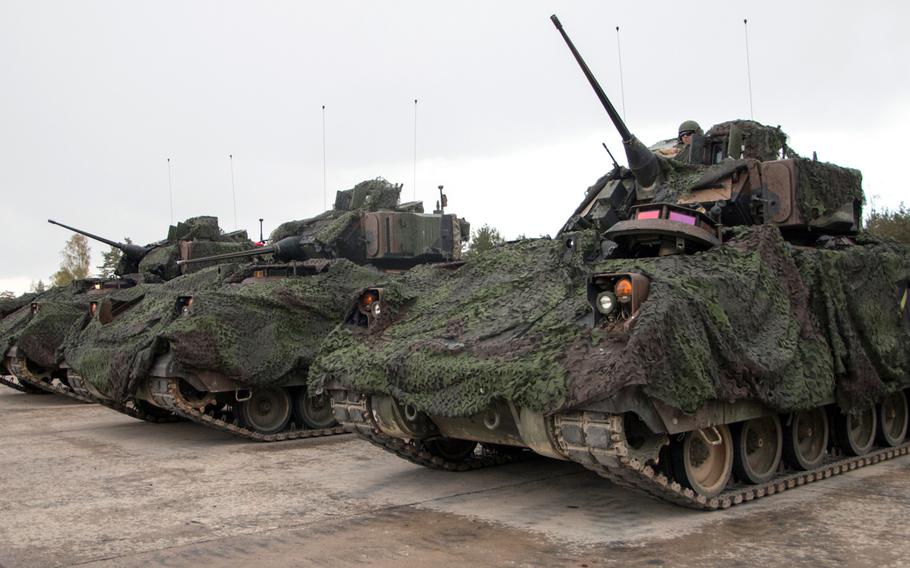 U.S. soldiers with 5th Squadron, 7th Cavalry Regiment, 1st Armored Brigade Combat Team, await their turn on a gunnery range at the Grafenwoehr, Germany, training area Thursday, April 28, 2016.