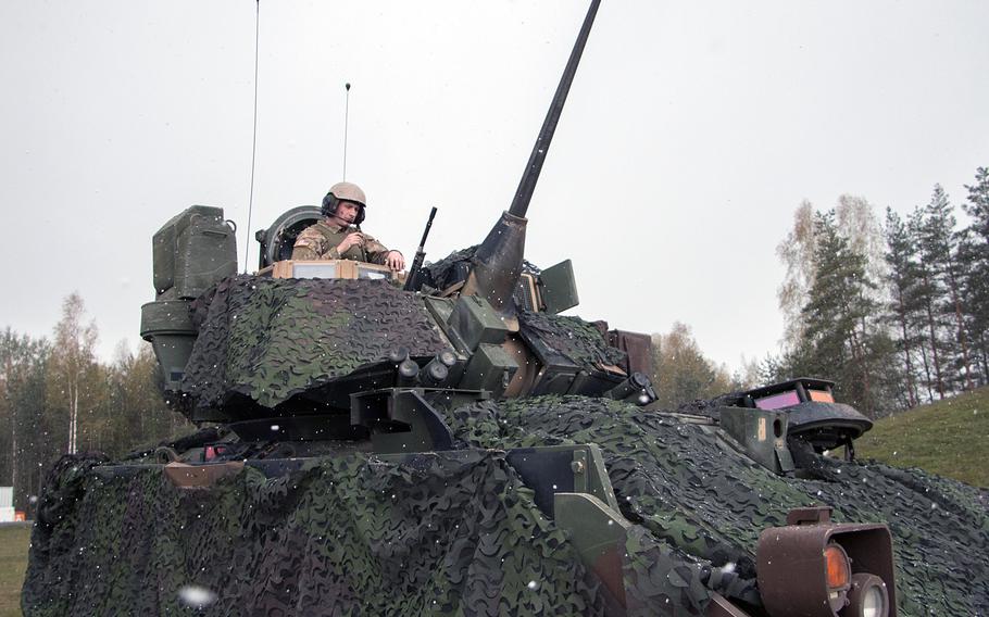 Snowfall didn't stop U.S. soldiers with 5th Squadron, 7th Cavalry Regiment, 1st Armored Brigade Combat Team from conducting a live-fire exercise at the Grafenwoehr, Germany, training area on Thursday, April 28, 2016.
