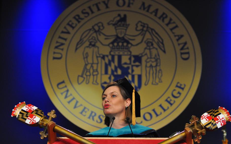 Marriet Schuurman, NATO's special representative for women, peace, and security was the guest speaker at the University of Maryland University College commencement ceremony on Saturday, April 30, 2016, in Kaiserslautern, Germany.