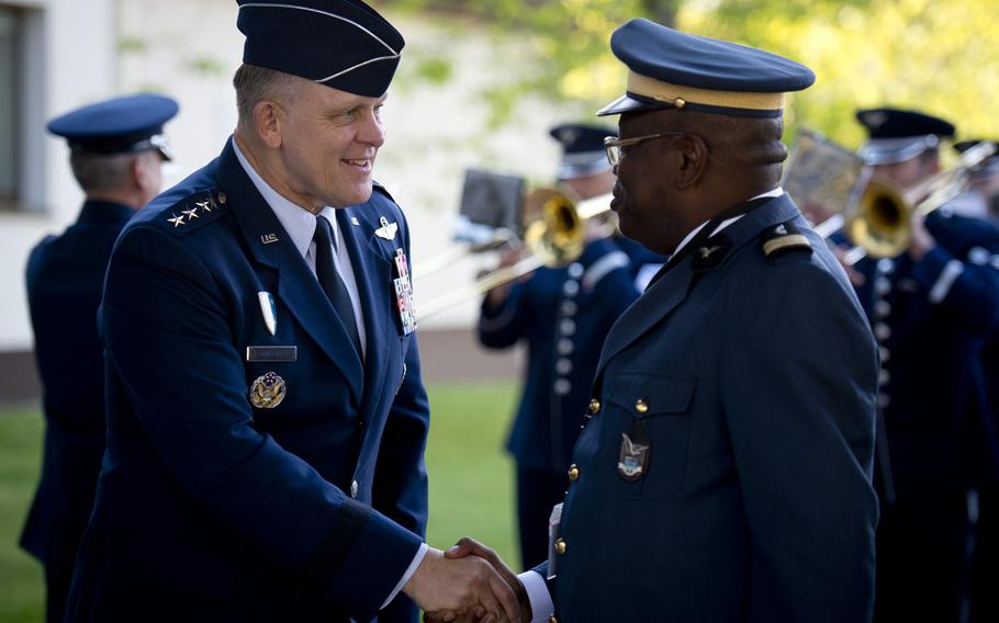 Gen. Frank Gorenc, commander of U.S. Air Forces in Europe-Air Forces Africa, left, greets officers from 26 countries during the African Air Chiefs Symposium at Ramstein Air Base, Germany, on Monday, May 9, 2016. The annual symposium lasts five days and allows American and African air force officers to collaborate on issues affecting aviation across Africa.