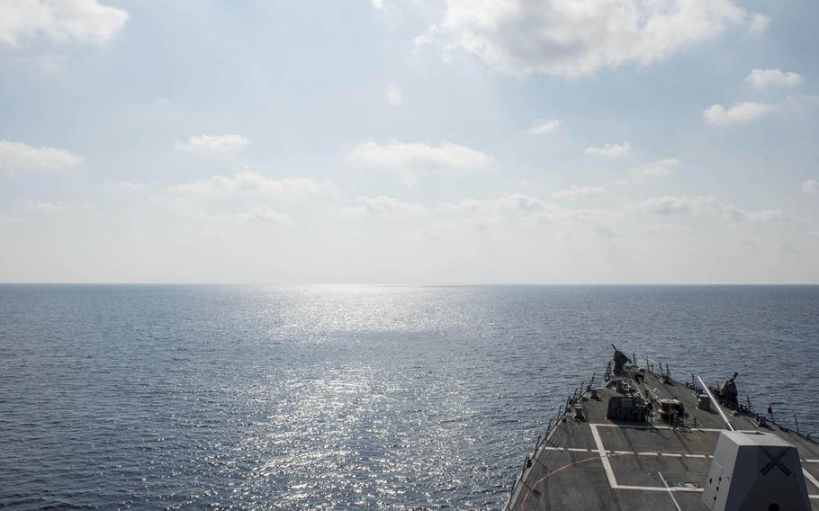 The USS William P. Lawrence patrols early this month in the South China Sea. The guided-missile destroyer sailed within 12 nautical miles of Fiery Cross Reef in the disputed Spratly island chain Tuesday, May 10, 2016.
