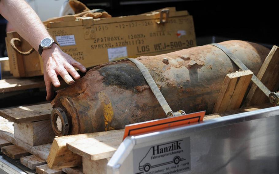This 250-pound American World War II bomb was unearthed in May 2012 at a Kaiserslautern, Germany, construction site, prompting the evacuation of thousands of residents. Massive traffic backups are expected in Okinawa, Japan, Sunday, May 15, 2016, because of road closures related to the removal of unexploded World War II ordnance.