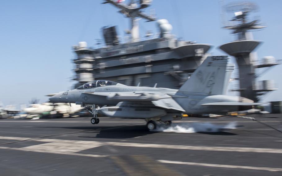 An EA-18G Growler lands on the flight deck of aircraft carrier USS Harry S. Truman in the Persian Gulf on Feb. 4, 2016. For the past seven months, the Truman strike group has been deployed in support of Operation Inherent Resolve.