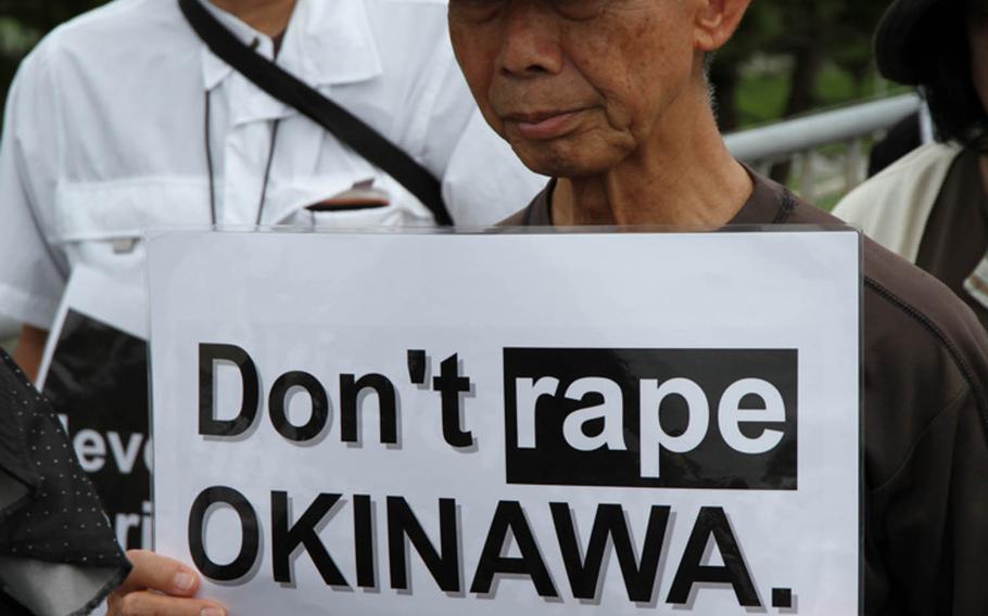 Approximately 2,000 protesters rallied in front of the gate at Marine Corps headquarters on Camp Foster Sunday, May 22, 2016, to protest the U.S. military presence in Okinawa after a former U.S. Marine who worked as a civilian on Kadena Air Base confessed to the brutal slaying of a 20-year-old local girl.