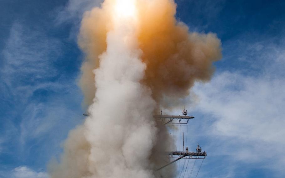 A Standard Missile-2 (SM-2) Block IIIA guided missile is launched from the USS John Paul Jones (DDG-53) during a Missile Defense Agency and U.S. Navy test over the Pacific Ocean by the Aegis Weapon System configured ship in November 2014. The U.S., Japan and South Korea are now conducting their first-ever trilateral missile defense exercise in Hawaii.
Leah Garton
U.S. Missile Defense Agency