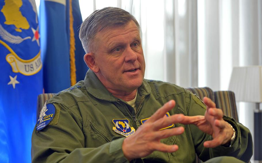 Gen. Frank Gorenc, commander of U.S. Air Forces in Europe and U.S. Air Forces Africa, talks to Stars and Stripes at USAFE headquarters on Ramstein Air Base, Germany, Thursday June 30, 2016.