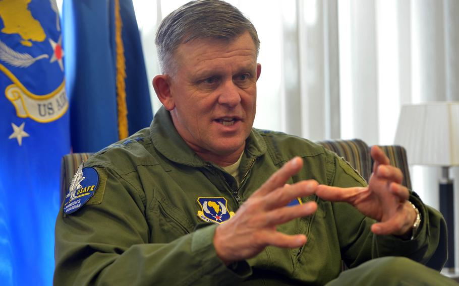 Gen. Frank Gorenc, commander of U.S. Air Forces in Europe and U.S. Air Forces Africa, makes a point as he talks to Stars and Stripes at USAFE headquarters on Ramstein Air Base, Germany, Thursday June 30, 2016.