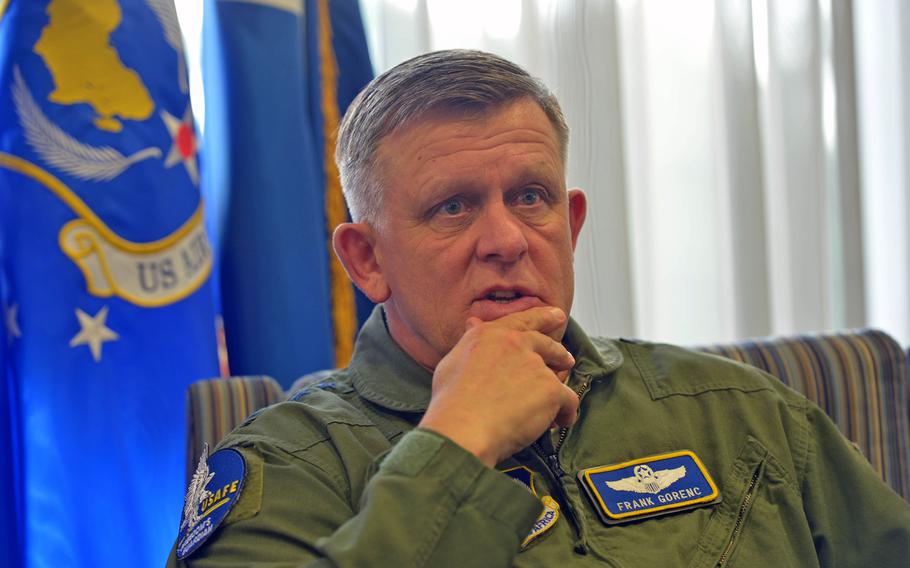 Gen. Frank Gorenc, commander of U.S. Air Forces in Europe and U.S. Air Forces Africa, talks to Stars and Stripes at USAFE headquarters on Ramstein Air Base, Germany, Thursday June 30, 2016.