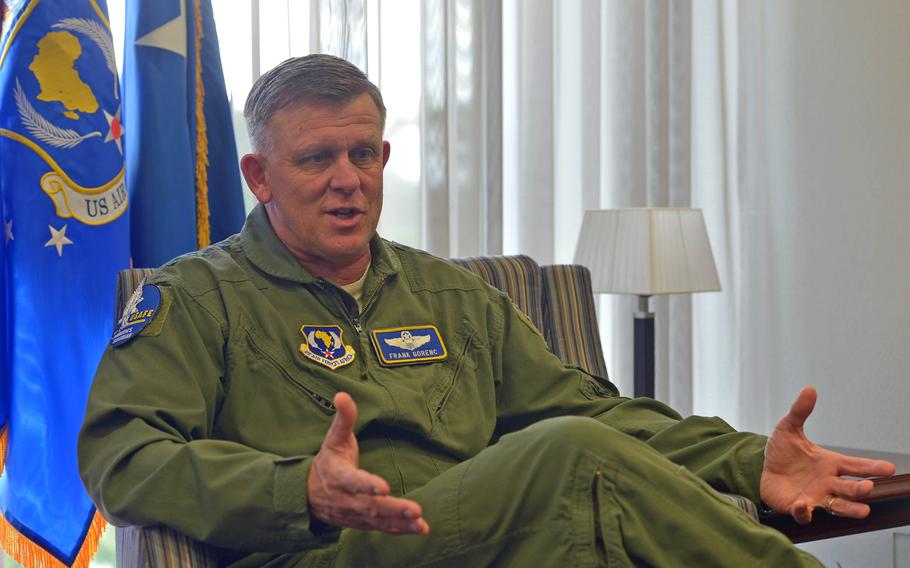 Gen. Frank Gorenc, commander of U.S. Air Forces in Europe and U.S. Air Forces Africa, talks to Stars and Stripes at USAFE headquarters on Ramstein Air Base, Germany, Thursday June 30, 2016.