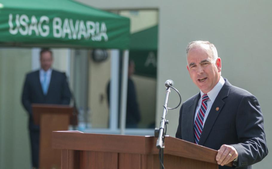 Michael Formica, director of Installation Management Command Europe, speaks during the assumption-of-command ceremony for the incoming commander of U.S. Army Garrison Bavaria, Col. Lance Varney. Formica was the keynote speaker at the ceremony in Grafenwoehr, Germany, on Tuesday, July 5, 2016.