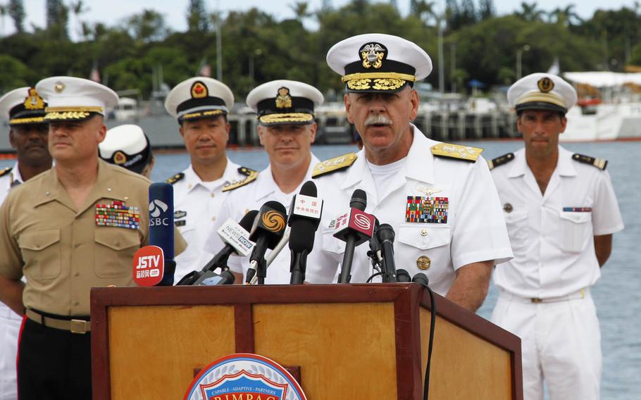 U.S. Pacific Fleet commander Adm. Scott Swift speaks to reporters Tuesday, July 5, 2016, at Joint Base Pearl Harbor-Hickam, Hawaii, for the kickoff of the Rim of the Pacific exercise in Hawaii and California.