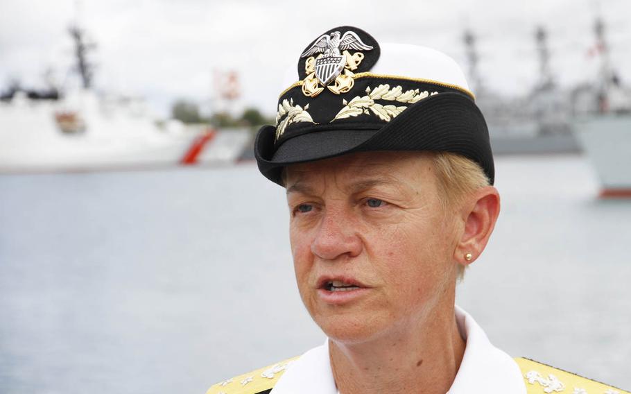 Navy Vice Adm. Nora Tyson, commander of the U.S. Third Fleet, is leading the combined task force for Rim of the Pacific exercises this year. She told reporters Tuesday, July 5, 2016, that she welcomed greater participation by China in the biennial drills underway in Hawaii and Southern California.