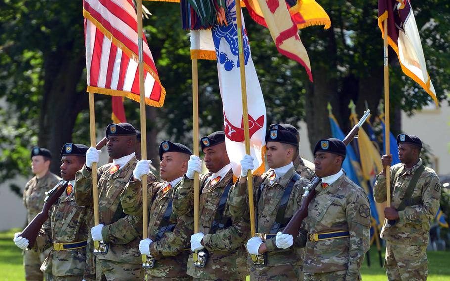 The U.S. Army Garrison Rheinland-Pfalz color guard stands on the parade field at the USAG's change of command ceremony in Kaiserslautern, Germany, Wednesday, July 6, 2016. Col. Keith Igyarto took command from Col. G. Shawn Wells Jr. at the ceremony.