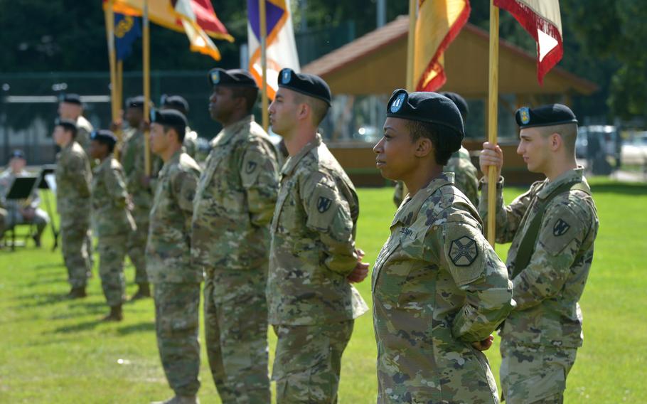 Soldiers representing the units within the U.S. Army Garrison Rheinland-Pfalz's footprint stand on the parade field at the USAG's change-of-command ceremony in Kaiserslautern, Germany, Wednesday, July 6, 2016. Col. Keith Igyarto took the helm from Col. G. Shawn Wells Jr. at the ceremony.