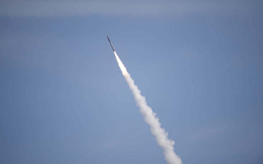 A Terminal High Altitude Area Defense, or THAAD, interceptor is launched from a THAAD battery on Wake Island, during a test in 2015. During the test, the THAAD system successfully intercepted two air-launched ballistic missile targets.