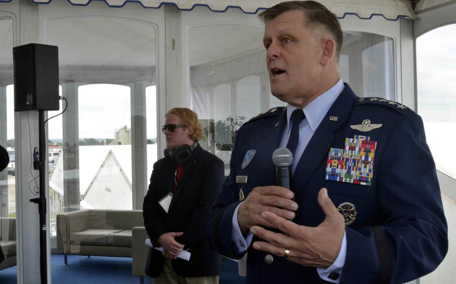 Gen. Frank Gorenc, commander of US Air Forces Europe, discusses the capabilities of the F-35 Lightning II jet during the Royal International Air Tattoo at RAF Fairford, England, Friday, July 8, 2016. Two squadrons of F-35A fighter jets are slated for permanent station at RAF Lakenheath, England in 2020.