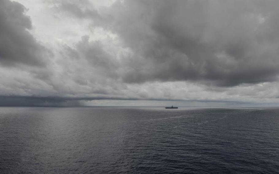 The aircraft carrier USS Ronald Reagan transits the South China Sea on July 5, 2016.