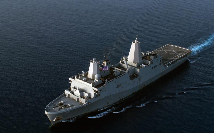 The amphibious transport dock USS New Orleans transits the Gulf of Aden, in May 2016. The New Orleans was carrying Army Gen. Joseph Votel, head of U.S. Central Command, through the Strait of Hormuz on Monday, July 11, 2016, when Iran sent five military ships to monitor the U.S. vessel.