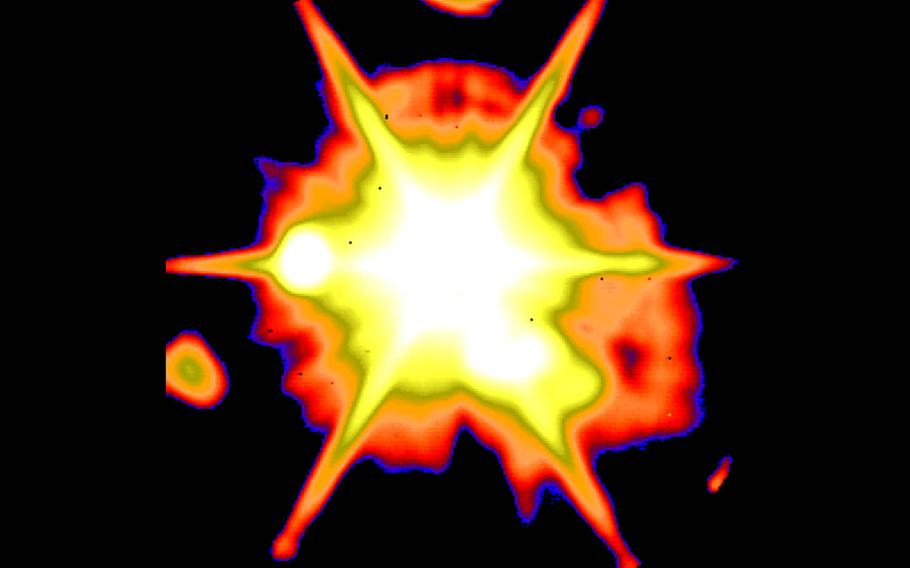 Infrared imagery of an intercept of a short-range ballistic missile targeted by a Terminal High-Altitude Area Defense, or THAAD, interceptor, during a test conducted in November. The advanced missile defense system will be deployed on the Korean peninsula.