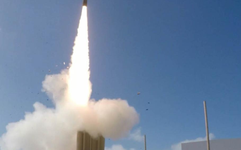 A Terminal High-Altitude Area Defense system, or THAAD, interceptor is launched on Wake Island in November. During the test, the system successfully intercepted two air-launched ballistic missile targets.