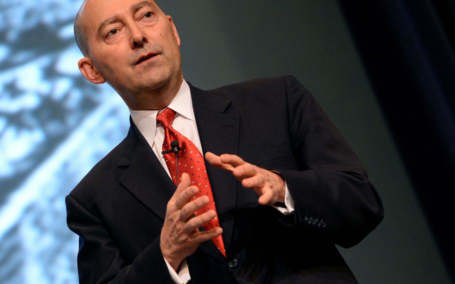 Retired Adm. James G. Stavridis, dean of The Fletcher School of Law and Diplomacy at Tufts University, speaks with students, staff, faculty and guests during a lecture at U.S. Naval War College in Newport, Rhode Island,Dec. 2, 2014. Stavridis, who also commanded NATO forces in Europe, is reportedly among the candidates being vetted for vice president by Hillary Clinton.