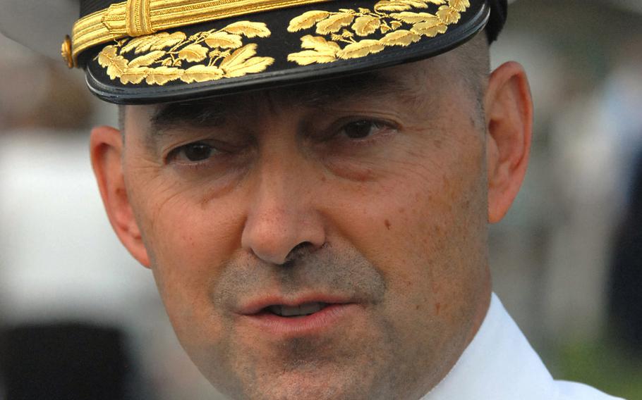 Adm. James Stavridis, after taking command of U.S. European Command in Stuttgart, Germany, June 30, 2009. Stavridis, who also commanded NATO forces in Europe, is reportedly among the candidates being vetted for vice president by Hillary Clinton