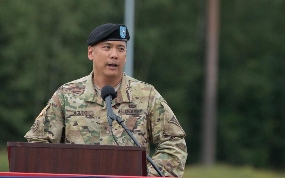 Brig. Gen. Antonio Aguto, the new commander of the rechristened 7th Army Training Command, speaks during his change-of-command ceremony held at Grafenwoehr, Germany on July 15, 2016.
