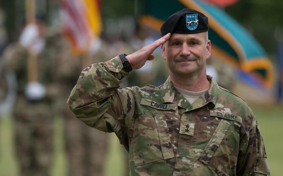 Maj. Gen. Christopher Cavoli salutes moments after receiving his second star during his change-of-command ceremony held at Grafenwoehr, Germany on July 15, 2016.