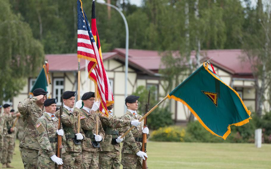 The 7th Army Joint Multinational Training Command was rechristened the 7th Army Training Command, with its first major unveiling taking place at the unit's change-of-command?s ceremony in Grafenwoehr, Germany on July 15, 2016. Here, the command's color fly during the ceremony.