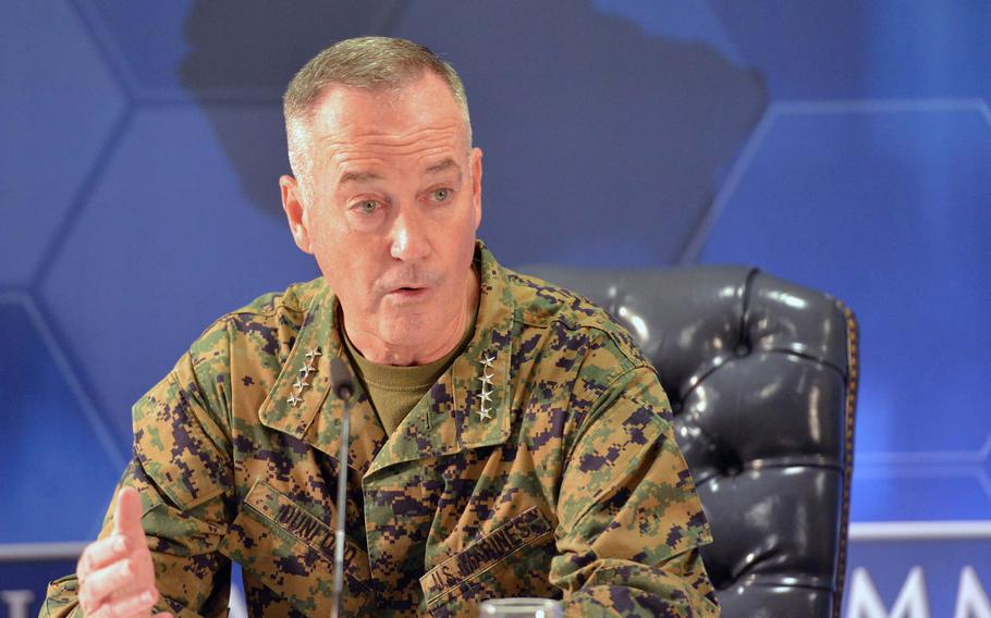 Marine Gen. Joseph Dunford, chairman of the Joint Chiefs of Staff, talks to the media following a change-of-command ceremony at U.S. Africa Command in Stuttgart, Germany, on Monday, July 18, 2016.