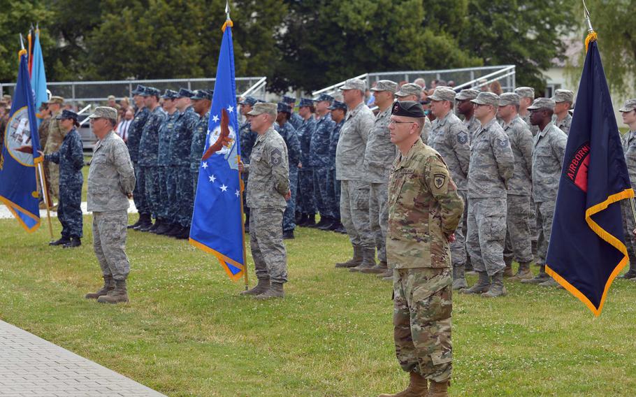 Troops with U.S. Africa Command stand on the parade field at Patch Barracks in Stuttgart, Germany, for the unit's change-of-command ceremony on Monday, July 18, 2016. Marine Gen. Thomas D. Waldhauser took command from Army Gen. David M. Rodriguez.
