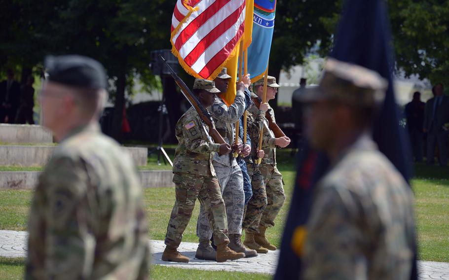 The joint U.S. Africa Command color guard marches the colors during the change-of-command ceremony in Stuttgart, Germany, on Monday, July 18, 2016. 