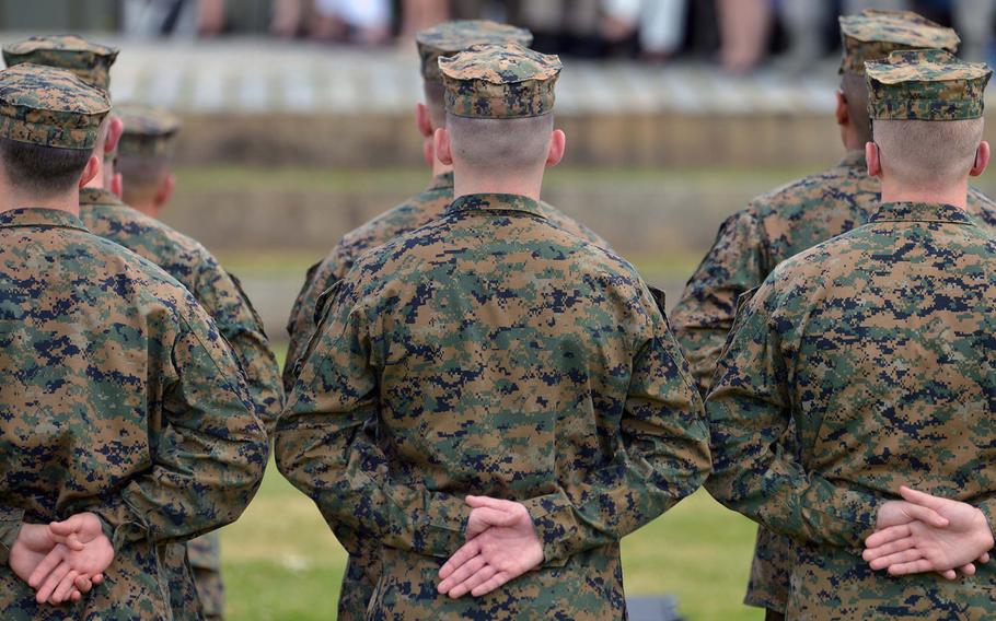 Marines with U.S. Africa Command stand on the parade ground during the change-of-command ceremony in Stuttgart, Germany, on Monday, July 18, 2016. Marine Gen. Thomas D. Waldhauser took command of AFRICOM from Army Gen. David M. Rodriguez. Michael Abrams/Stars and Stripes