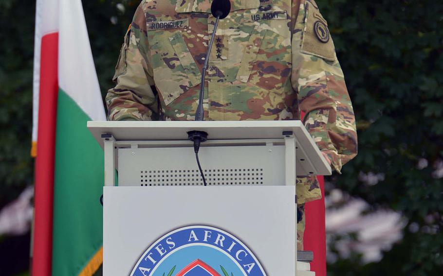 Army Gen. David M. Rodriguez, outgoing commander of U.S. Africa Command, speaks at the change-of-command ceremony where he relinquished command to Marine Gen. Thomas D. Waldhauser, at Patch Barracks in Stuttgart, Germany, Monday, July 18, 2016.