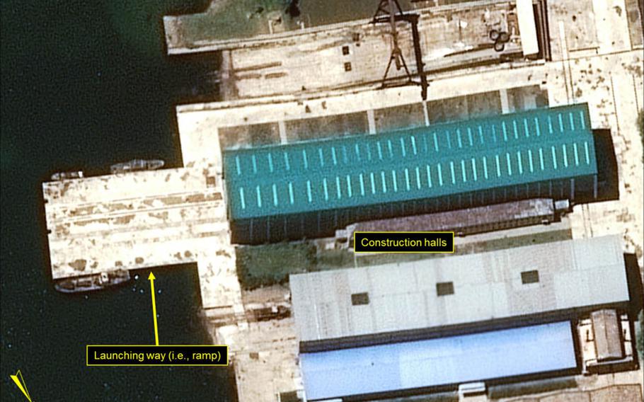 This satellite image taken July 14, 2016, of North Korea's Sinpo Shipyard shows that construction work on a large launching way and construction hall for submarine-launched ballistic missiles is externally complete.