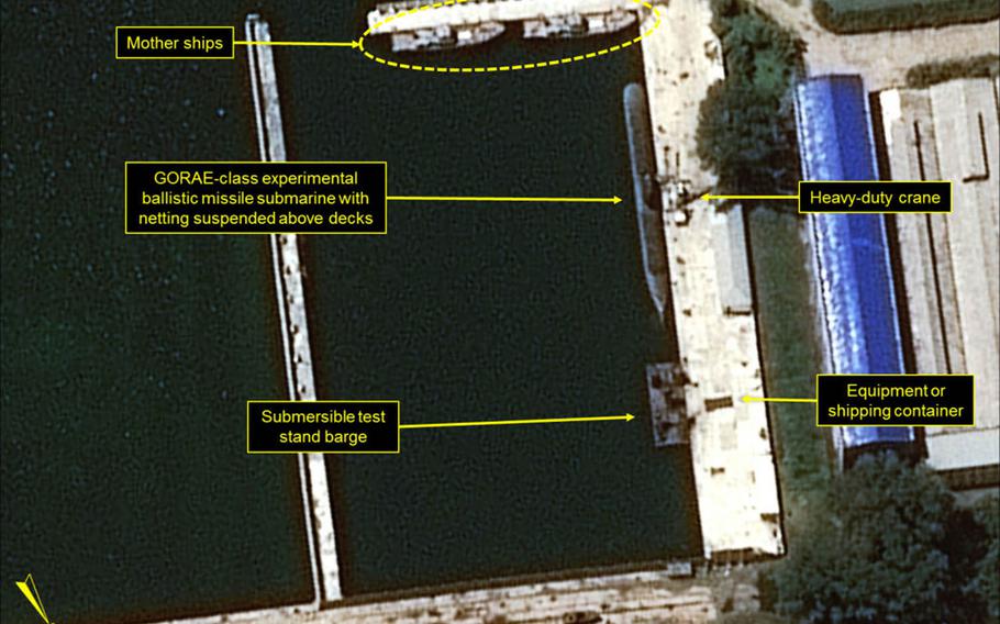 This satellite image taken July 14, 2016, of North Korea's Sinpo Shipyard shows probable post-test activity at the secure boat basin. North Korea fired a missile from a submarine on July 9, but South Korean officials said the launch failed in the early stages of flight.