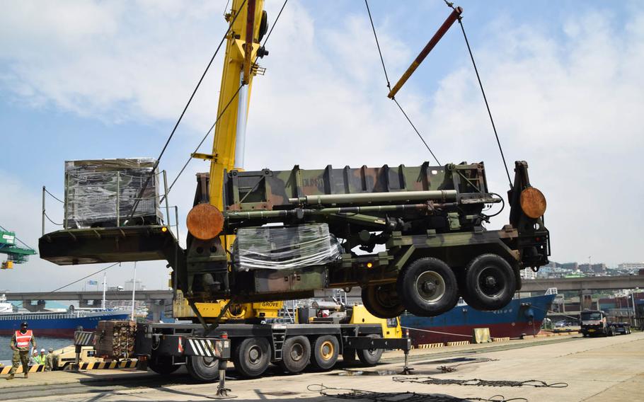 A Patriot missile-launching system arrives at the Port of Busan, South Korea, July 13, 2016, as part of an exercise aimed at quickly deploying U.S. air-defense crews from Japan to Korea in an emergency.