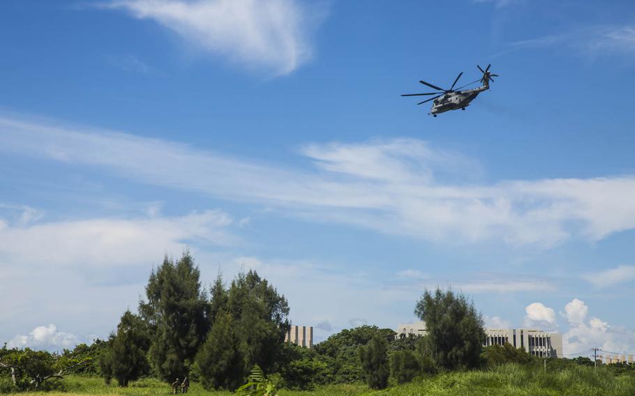 A Super Stallion helicopter returns to Marine Corps Air Station Futenma in Okinawa, Japan, July 22, 2016.