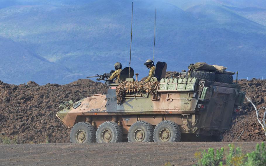 An Australian amphibious vehicle wends its way around Pohakuloa Training Area, Hawaii, during RIMPAC 2016.
